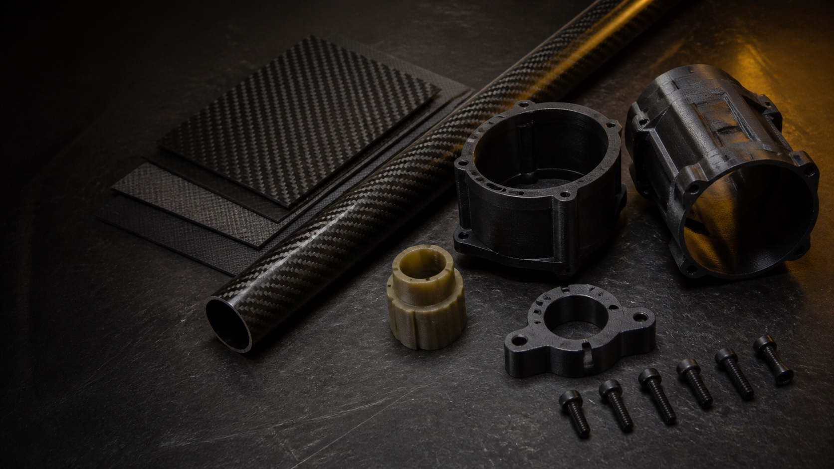 Separate carbon composite coupons, tube stock, polymer housings, interface mounts, and fasteners on an inspection table